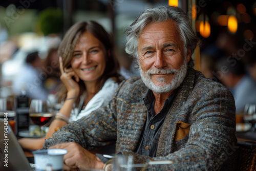 Relaxed Elegance Confident Businesspeople and Colleague Enjoying a Casual Meeting at a Bustling Cafe