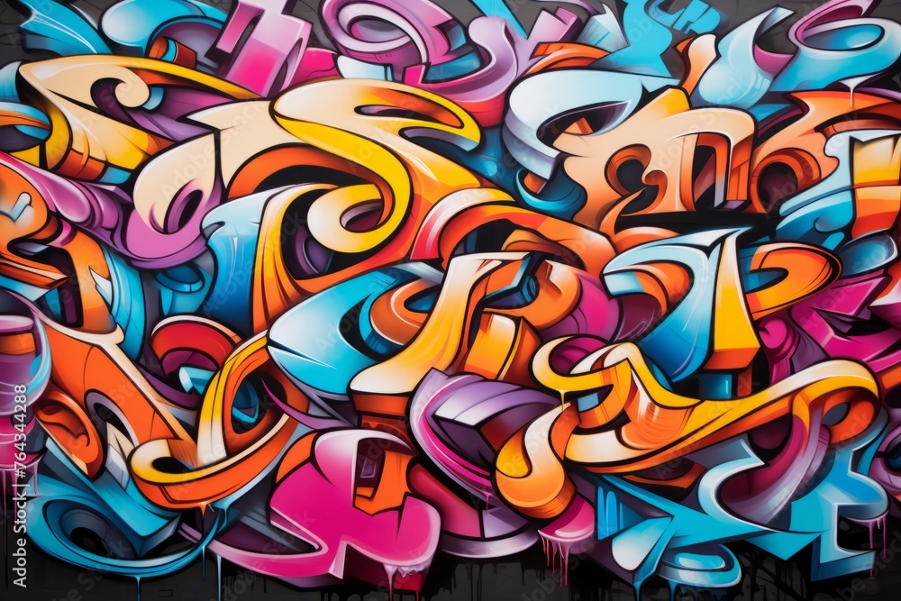 A close up of distorted typography in a graffiti mural, distorting words