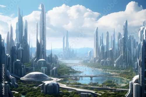 A futuristic cityscape with soaring skyscrapers and advanced technology © KerXing