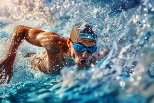 A man is swimming in the water while wearing goggles, immersed in the activity