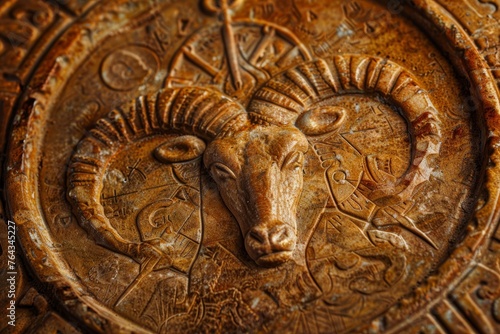 Detailed view of a metal object featuring a ram sculpture intricately designed on its surface