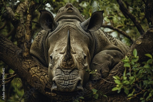 A rhinoceros is seen resting comfortably on a sturdy tree branch in its natural habitat