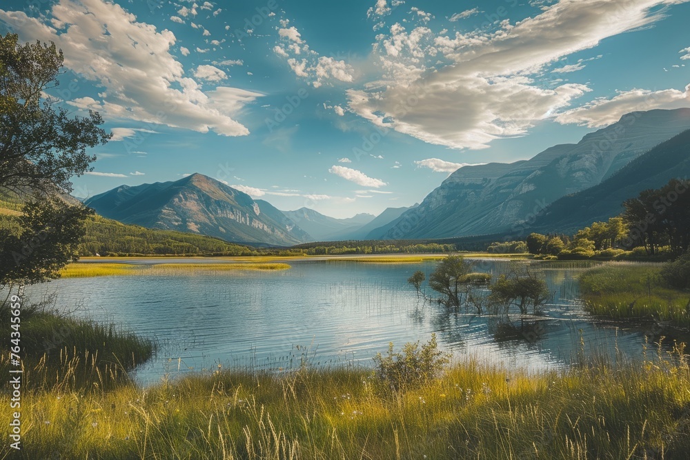 A lake nestled amidst looming mountains, all under a cloudy sky, creating a dramatic and rugged vista