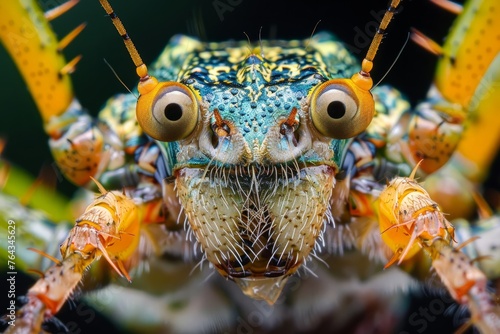 A close-up of a vibrant insect displaying its intricate details and large eyes