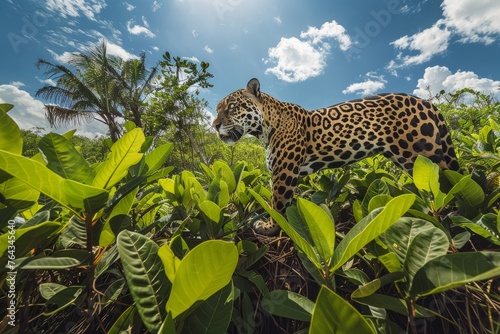 A leopard stands in the middle of a dense jungle filled with green foliage and trees, blending in seamlessly with its surroundings