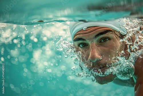 A man is swimming underwater in a pool, showcasing his skills and strength in the water © Ilia Nesolenyi