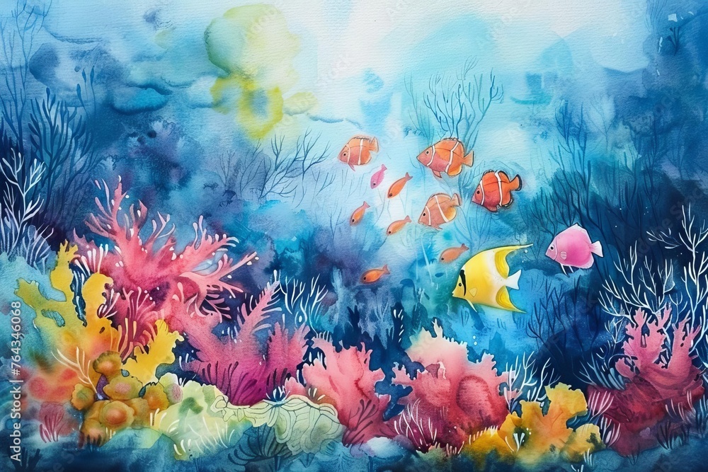 Surreal underwater scene with colorful coral reefs and exotic fish, watercolor painting