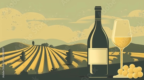 a bottle of wine and a glass of wine, an image for a winery, wine plantations vines
