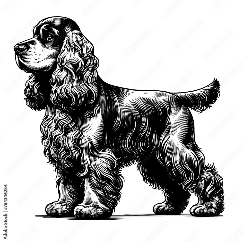 English Cocker Spaniel standing. Hand Drawn Pen and Ink. Vector Isolated on White. Engraving vintage style illustration for print, tattoo, t-shirt. English Cocker Spaniel standing. Hand Drawn Pen and Ink. Vector Isolated on White. Engraving vintage style illustration for print, tattoo, t-shirt.