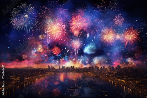 Brilliant fireworks light up the night in a symphony of colors