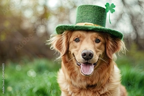 Happy dog celebrating St. Patrick's Day, close-up. A young dog in a leprechaun hat. St. Patrick's Day theme concept. Copy space - generative ai