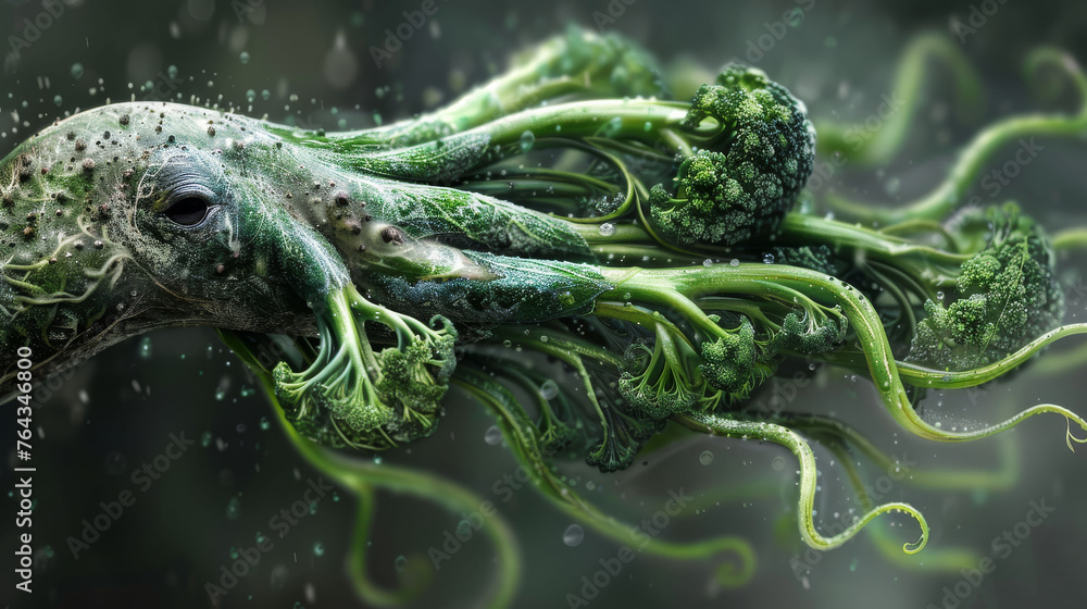 a close up of an octopus with a bunch of broccoli on it's back and tentacles sticking out of it. - obrazy, fototapety, plakaty 