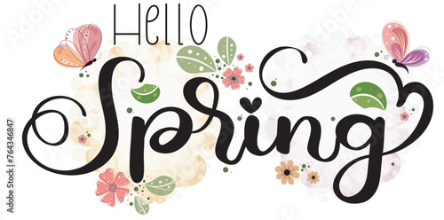 Hello SPRING. Floral Spring season design with flowers, leaf and butterfly. Decoration background for banner, invitation, sale or more. Vector Illustration	
