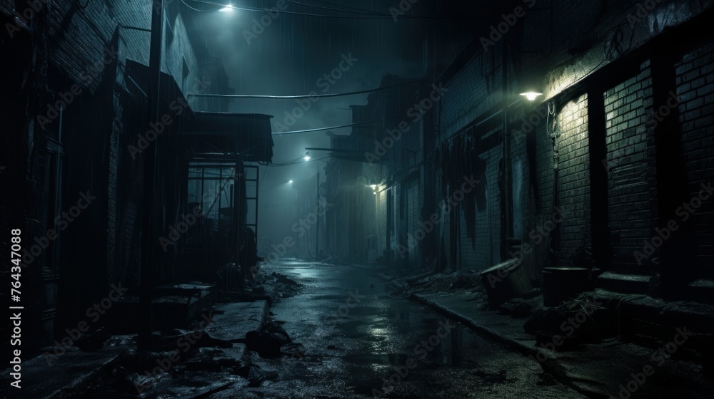 Dark alleyway with eerie lighting and cobwebs, representing a mysterious and haunted Halloween setting
