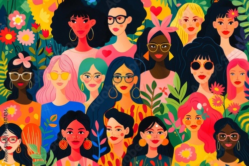 Vibrant illustration of diverse women celebrating International Women's Day