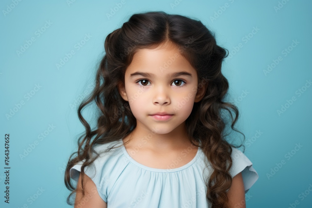 childhood, people and beauty concept - little african american girl in blue dress over blue background childhood, people and beauty concept - little african american girl in blue dress over blue background