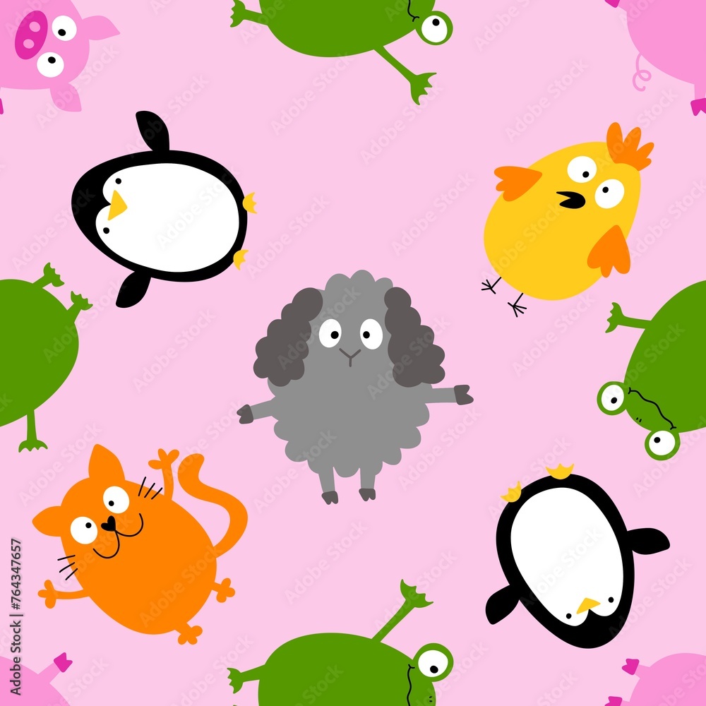 Fototapeta premium Easter animals and eggs seamless penguin and cats and frogs and chicken and sheep and pig pattern for wrapping