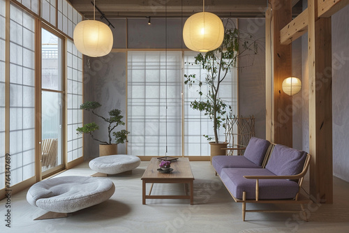 Serene Japandi style with lavender and dove gray hues, minimalist furniture, and delicate lighting.