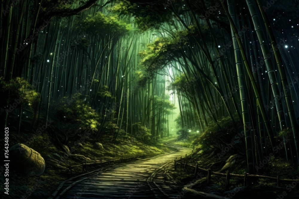Obraz premium A road winding through a peaceful bamboo forest, evoking calmness