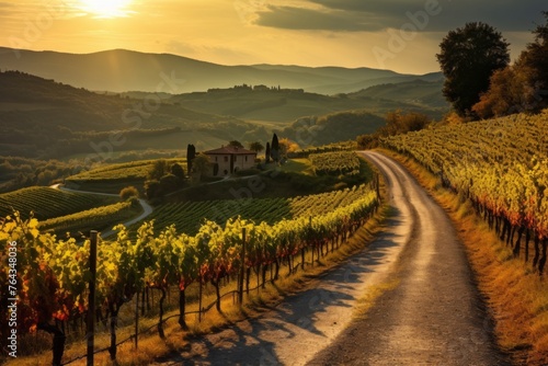 A sun-drenched road in Tuscany, Italy, surrounded by vineyards