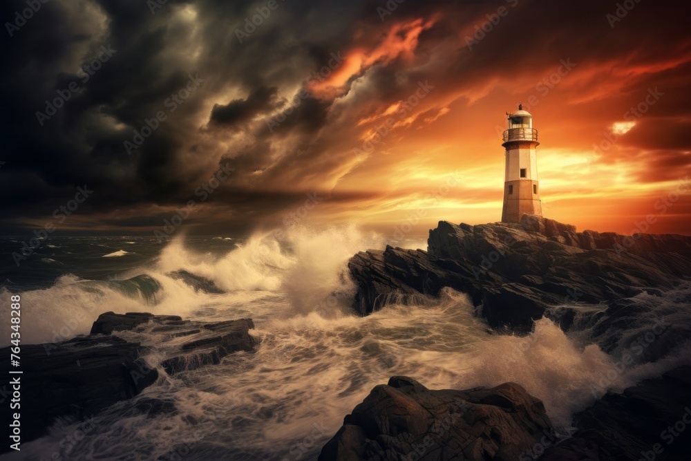 Dramatic sky background with storm clouds and a lighthouse on the coast