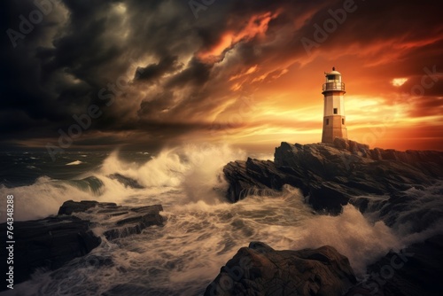 Dramatic sky background with storm clouds and a lighthouse on the coast