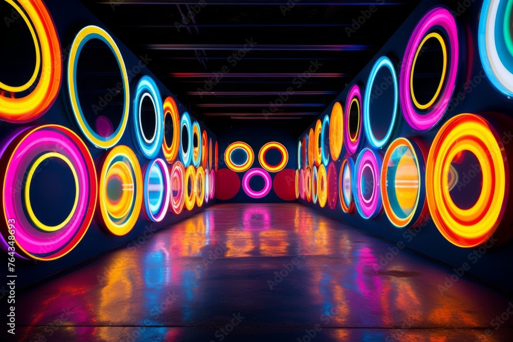 Neon circles radiating energy and excitement