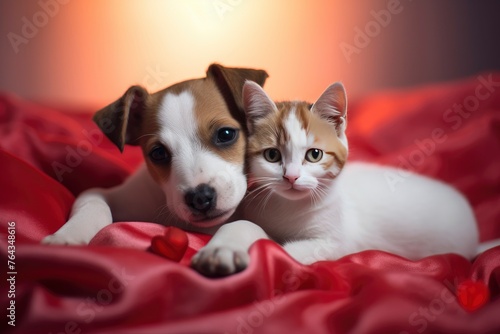 Cute kitten and jack russell terrier puppy sleep together with red heart under warm blanket on a bed on festive background. Valentines day concept - generative ai