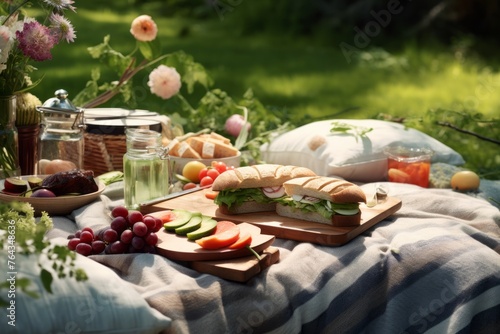 Mockup of a spring picnic setup with a blanket, sandwiches, and fresh fruits
