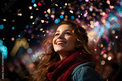 Blonde girl with scarf at a music concert watching joyfully as multicolored streamers fall. The photo has a magical and celebratory atmosphere.