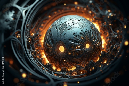 A close up of a 3D fractal sphere with intricate fractal details © KerXing