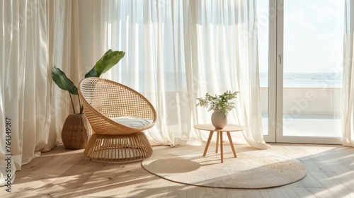 Modern interior design, with a natural color scheme featuring white walls and light wood floors, a rattan chair is placed in the center of an open space, featuring a round table on one side