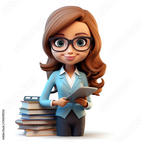 Young woman accountant. The girl is a cartoon character. Calculator. High school student. economist