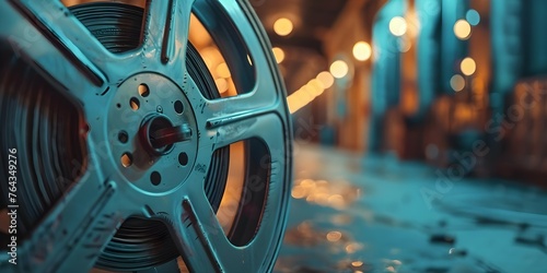 An oldfashioned movie reel evokes a nostalgic journey through cinematic history. Concept Cinematic nostalgia, Old Hollywood charm, Vintage movie reels, Film history journey photo
