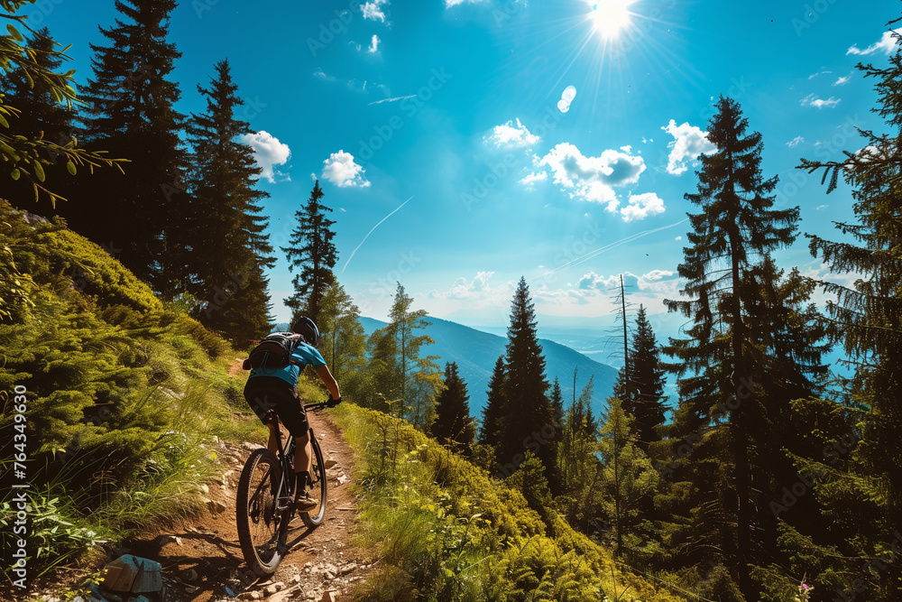 A cyclist navigating through a scenic mountain trail, with towering trees and a clear blue sky overhead