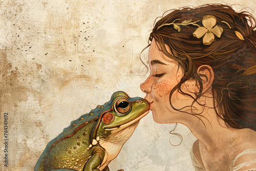 Drawing of a young beautiful brown girl kissing a frog 