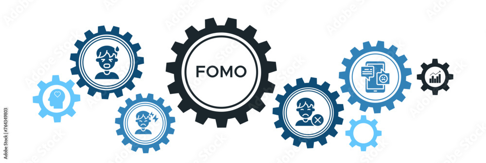 Fomo banner web icon vector illustration concept with icons of fear, trend, interest, stress, missing out, social