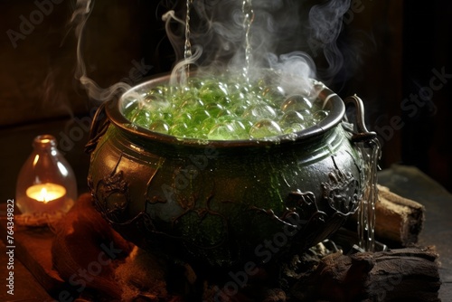 Pot filled with green liquid sitting on top of a table