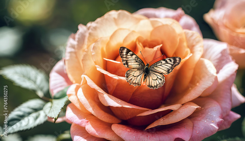 delicate pink rose flower in drops of dew and a small bright butterfly in the...
