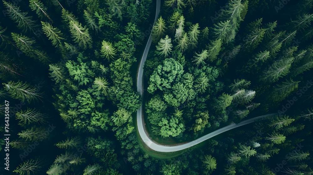 Aerial view of winding forest road in summer Finland. Aerial view of scenic journey through tranquil woodland.