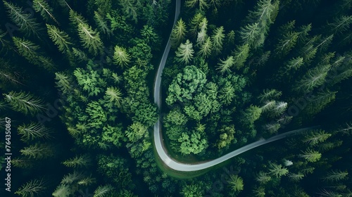 Aerial view of winding forest road in summer Finland. Aerial view of scenic journey through tranquil woodland. © Penatic Studio