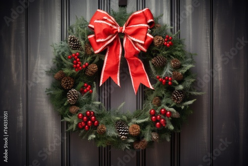 Festive holiday wreath with pine branches and red bows
