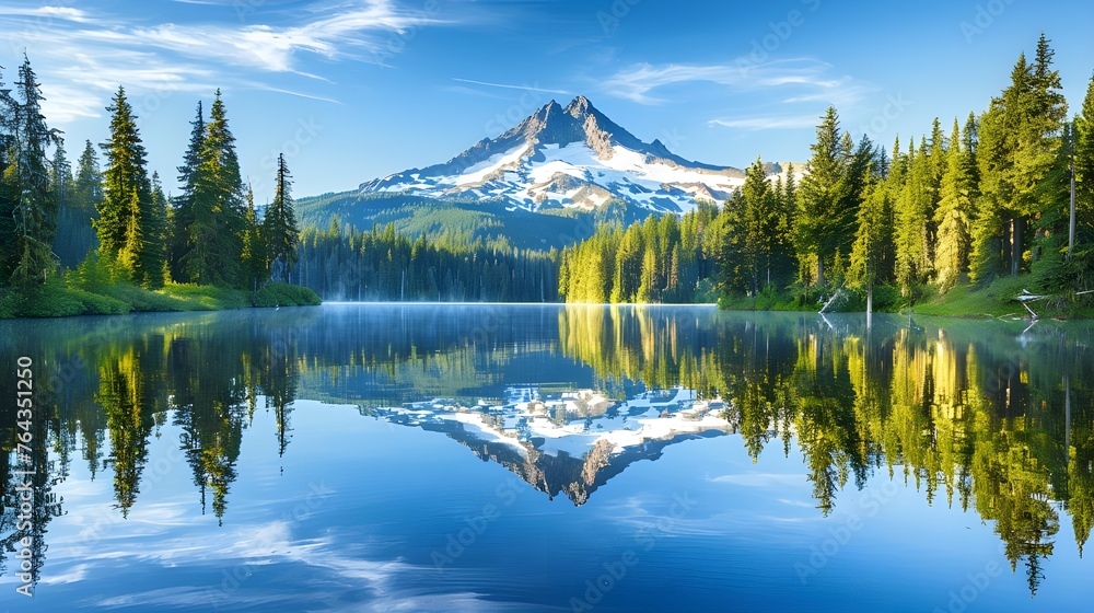 View of a mountain peak with a lake at sunrise, Washington state nature landscape panorama on a sunny day.