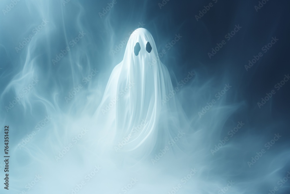 Ghostly apparition floating with white mist and glowing eyes on a white background for Halloween. Ghostly apparition floating with white mist and glowing eyes on a white background for Halloween.