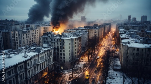 Spectacular panoramic image capturing a raging fire in a bustling urban metropolis photo