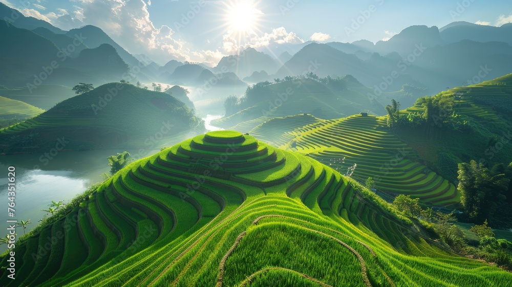 Fototapeta premium breathtaking natural green field of Mu Cang Chai terrace rice field at Vietnam.