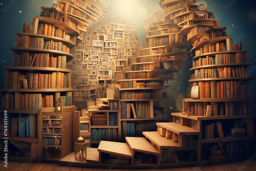 Illustration of a bookshelf transforming into a staircase, symbolizing the ascent of knowledge - obrazy, fototapety, plakaty 