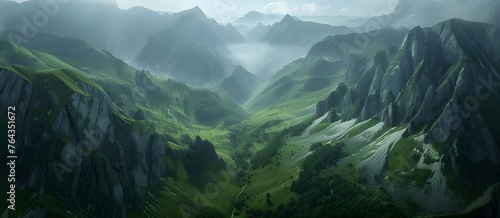 Aerial view of river in green scenic mountains with clouds. Beautiful landscape with meadow valley and clouds outdoor.