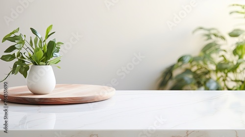Empty beautiful round marble tabletop counter mock up  interior of clean and bright kitchen