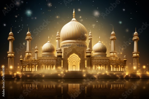 Illuminated mosque with decorative lights for Mawlid background